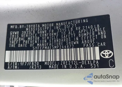 2021 Toyota Corolla Le z USA, uszkodzony, nr VIN 5YFEPMAE5MP244872